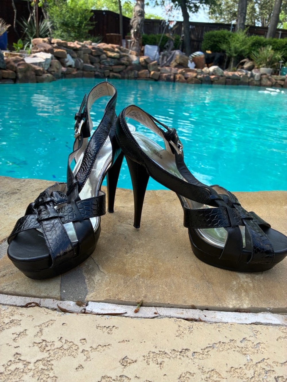 MICHAEL Michael Kors Black Croc-Embossed Platform Slingback Heels - Picture 4 of 16
